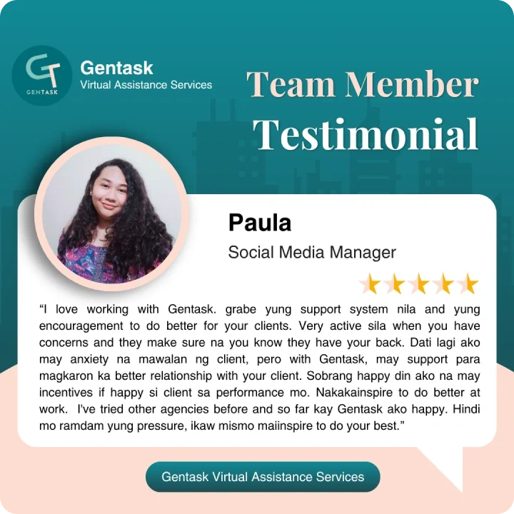 Testimonial from Paula, Social Media Manager at Gentask