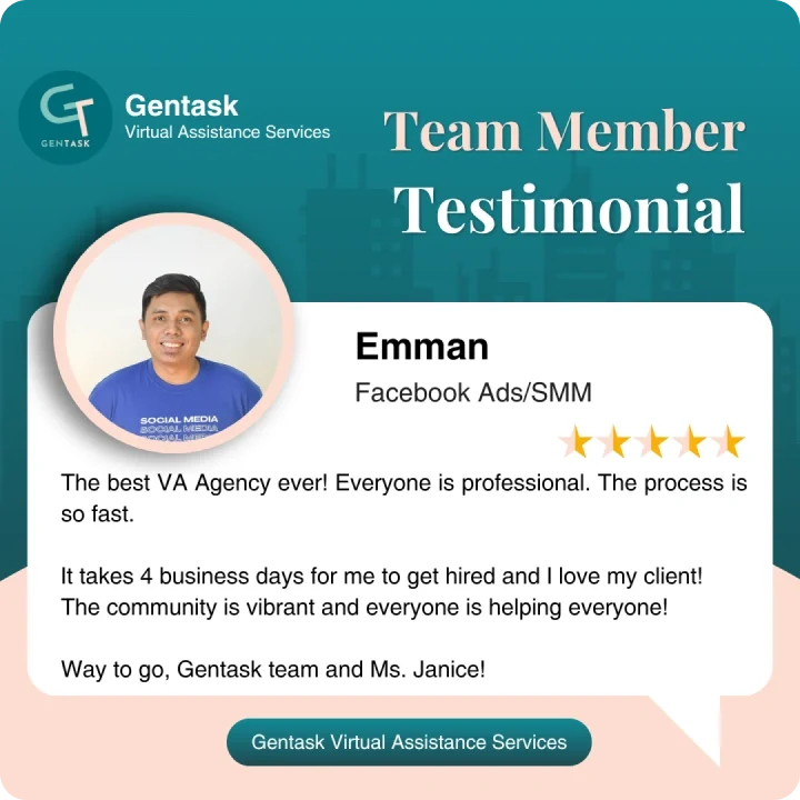 Testimonial from Emman, Facebook Ads/SMM Specialist at Gentask