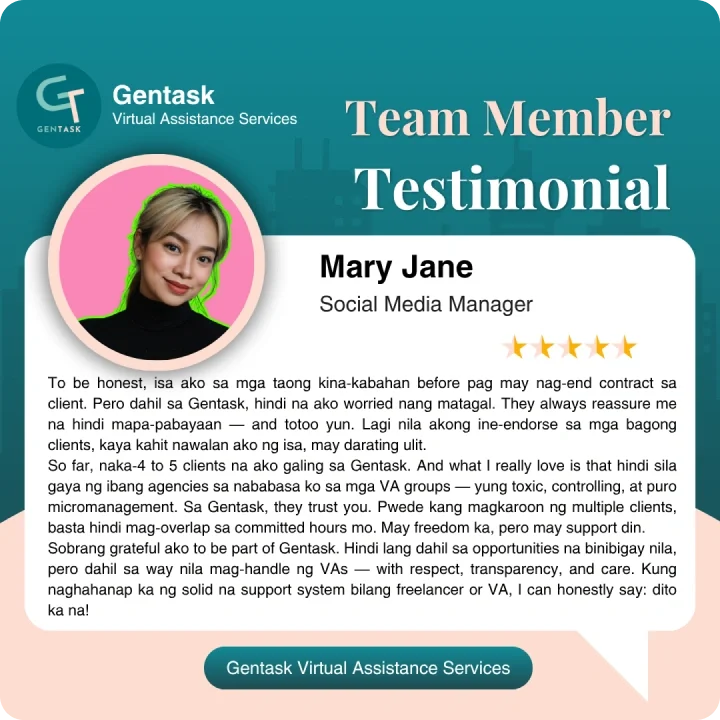 Testimonial from Mary Jane, Social Media Manager at Gentask