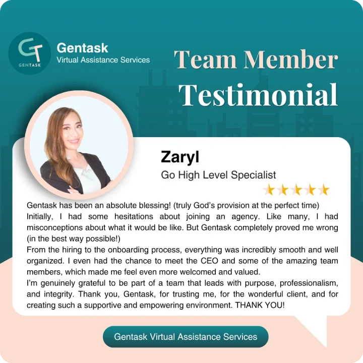 Testimonial from Zaryl, Go High Level Specialist at Gentask